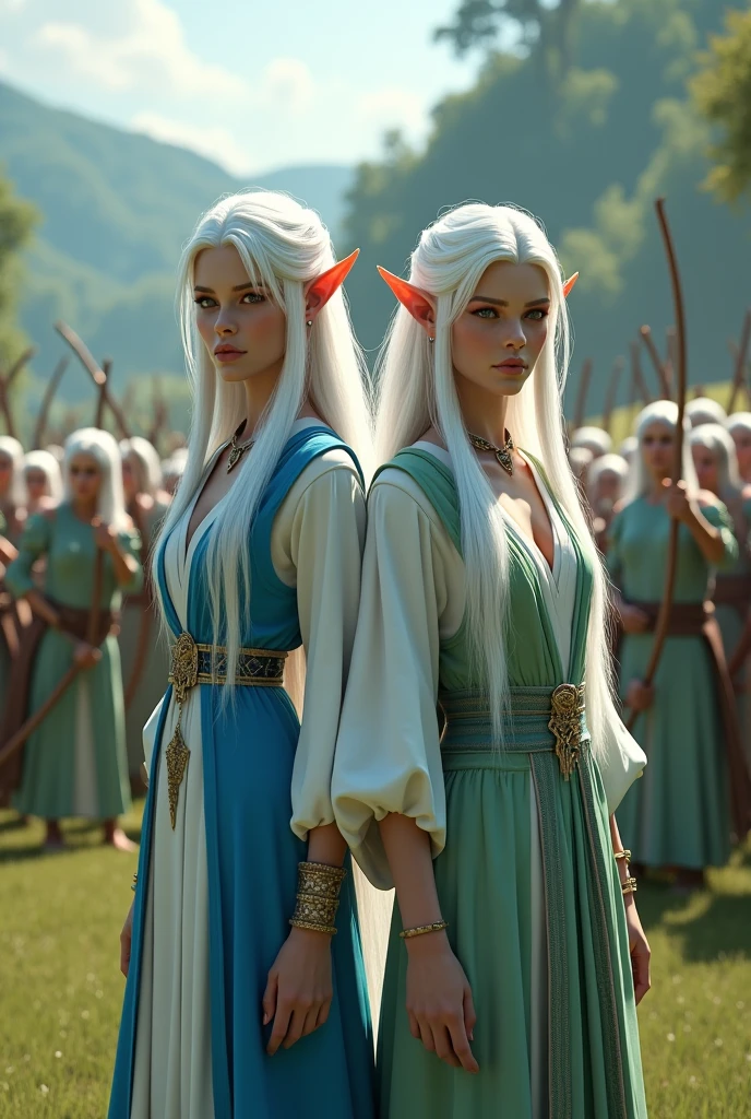 Full body portrait. A very beautiful, white-haired adult female elf wearing a blue and white outfit while carrying a bow. And a very beautiful white-haired adult female elf wearing green and white clothes. Their background is an army of elves practicing archery. This scene is a very detailed and professional 3D digital art. Game art. 64k resolution