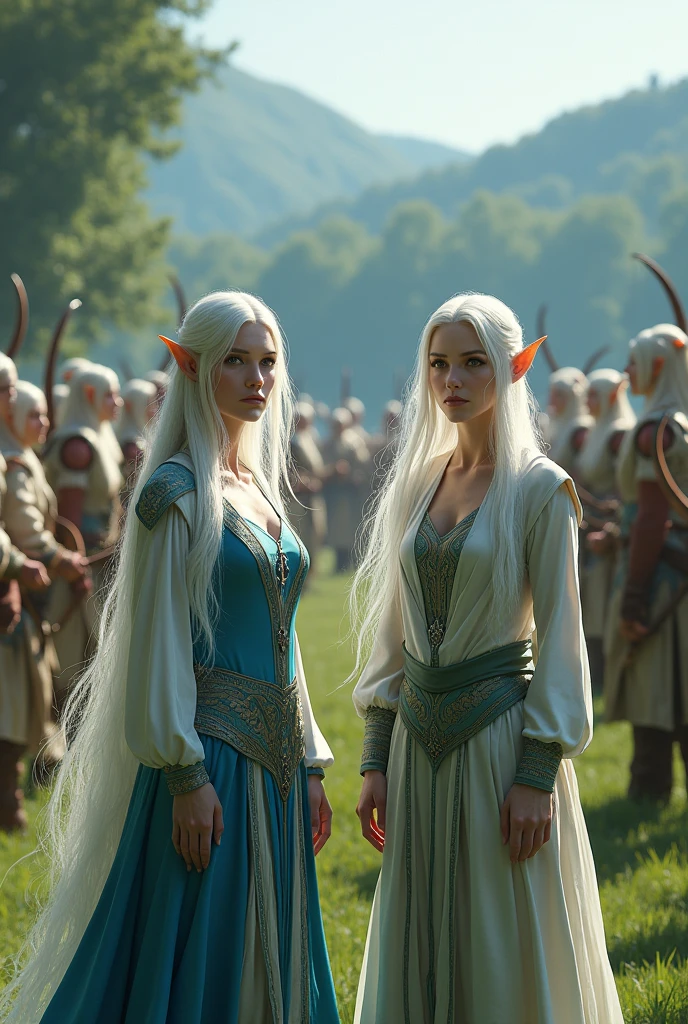 Full body portrait. A very beautiful, white-haired adult female elf wearing a blue and white outfit while carrying a bow. And a very beautiful white-haired adult female elf wearing green and white clothes. Their background is an army of elves practicing archery. This scene is a very detailed and professional 3D digital art. Game art. 64k resolution