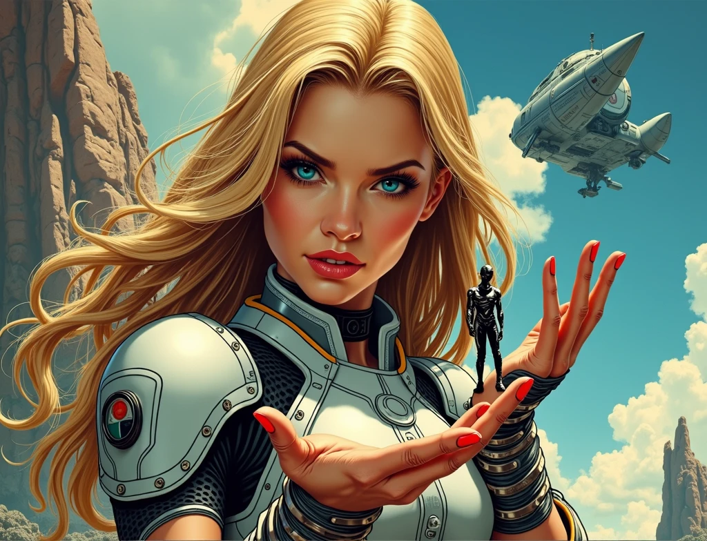 comic book art, cores vintage, Women&#39;s Galactic Army, long blonde hair, blue colored eyes, high-tech armor, science fiction spaceship she holds in the palm of her hand a tiny human man, smaller than your fingers
