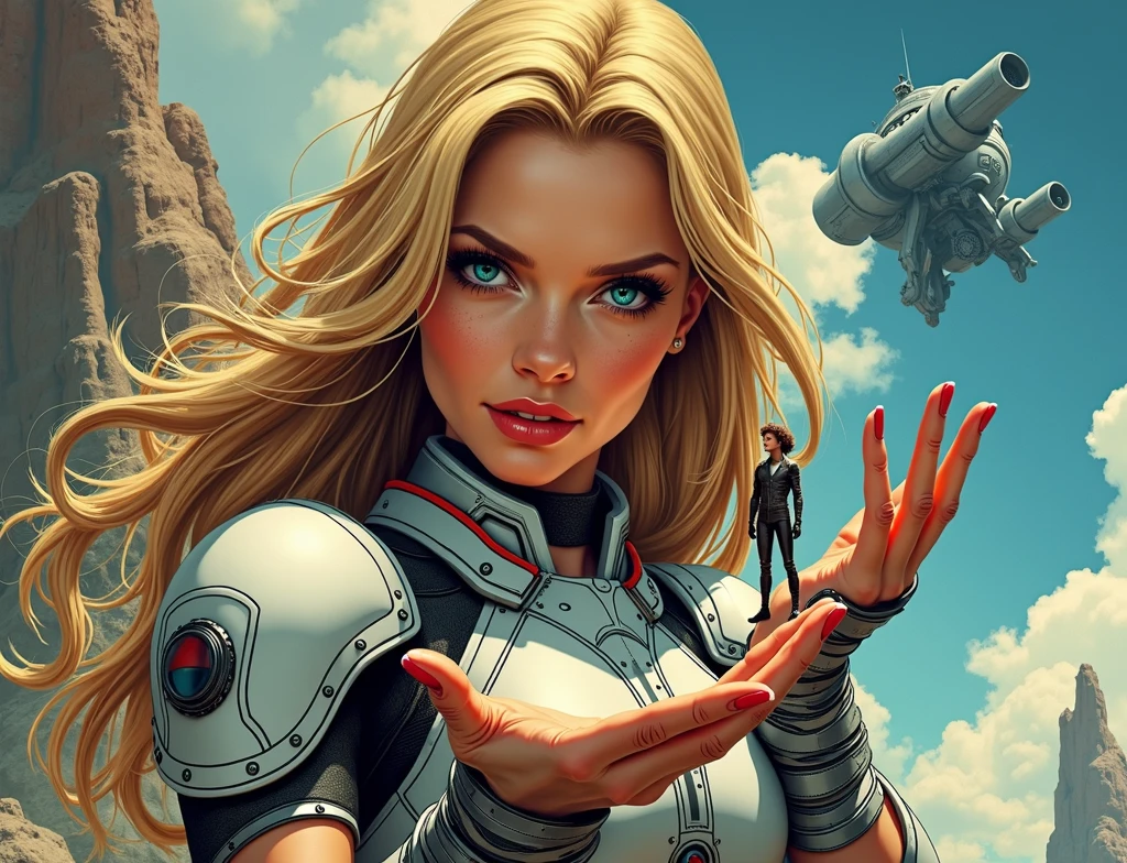 comic book art, cores vintage, Women's Galactic Army, long blonde hair, blue colored eyes, high-tech armor, science fiction spaceship she holds in the palm of her hand a tiny human man, smaller than your fingers