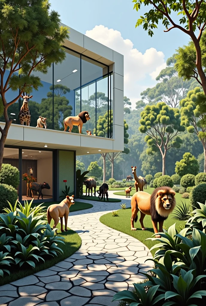Create a modern zoo. With the animals in their cages.