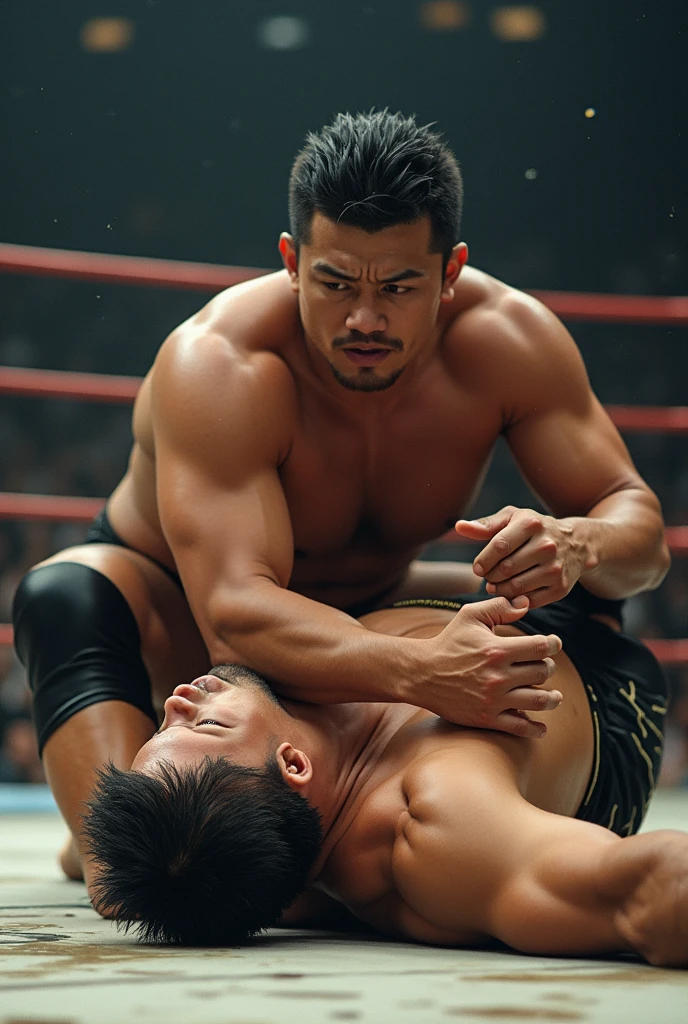 A young Japanese professional wrestler A and a senior Japanese professional wrestler B are in the ring.。They are on the same team。
A is buzzcut and muscular、Wearing short tights。Sweaty。Painful expression。
B is short-haired, muscular, and dark-skinned、Wearing short tights。
A is lying on their back and down。B sits on A&#39;s face。
Fujifilm, look up, 