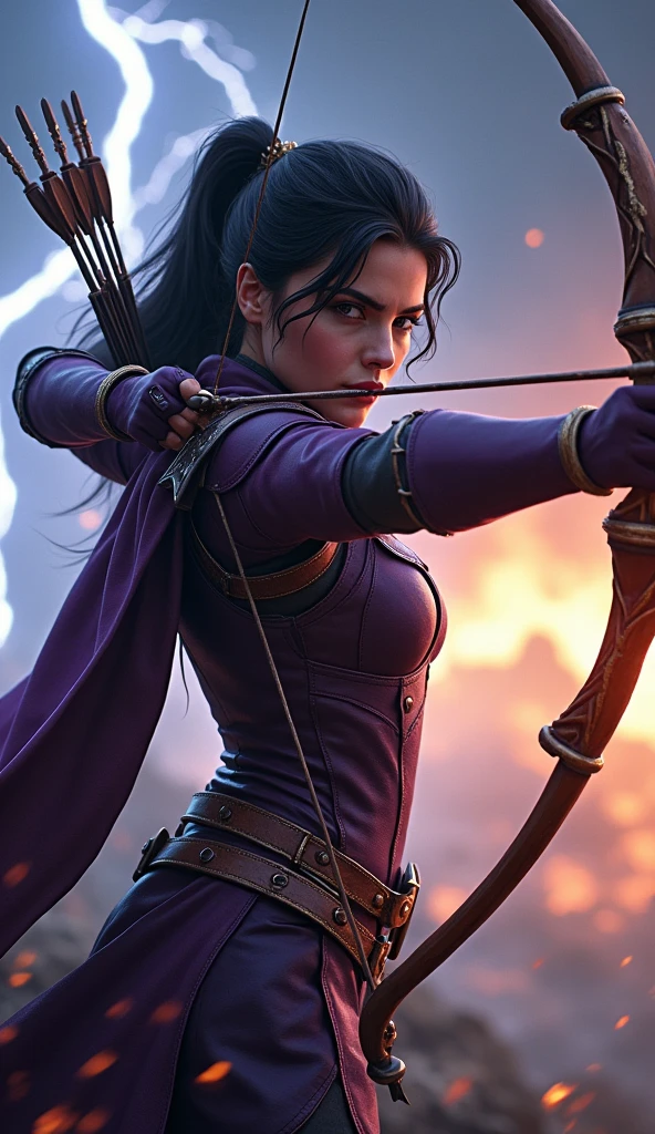 Full body action shot of a man, 8K resolution, high contrast, dramatic lighting, dynamic action pose for the viewer, deep purple leather armor encases his body, moving with deadly precision. Raven with long flowing silver hair wields a black bow. Raven fires tail-tailing bolts of lightning ("Stormbringer Arrow") and fire ("Stormfire Arrow"), crackling and roaring in the air. A storm of lightning and fire erupts in the background, filling the scene with chaotic energy. The texture of the leather of the armor is so detailed that every wrinkle is clearly defined, and the intricate bow design is highlighted with lightning and flame effects. Raven's feet are locked in a powerful archer's stance, ready to unleash the next deadly volley. In high resolution, every hair and electrical energy is clearly visible.