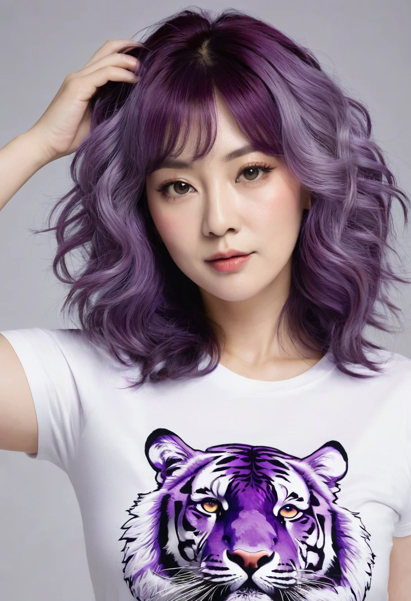 ((masterpiece, Highest quality, Super Definition, High resolution)), One Woman,40 years old,Fat body,Purple Hair,Punch perm,T-shirt with a picture of a tiger,The background is God々Shii