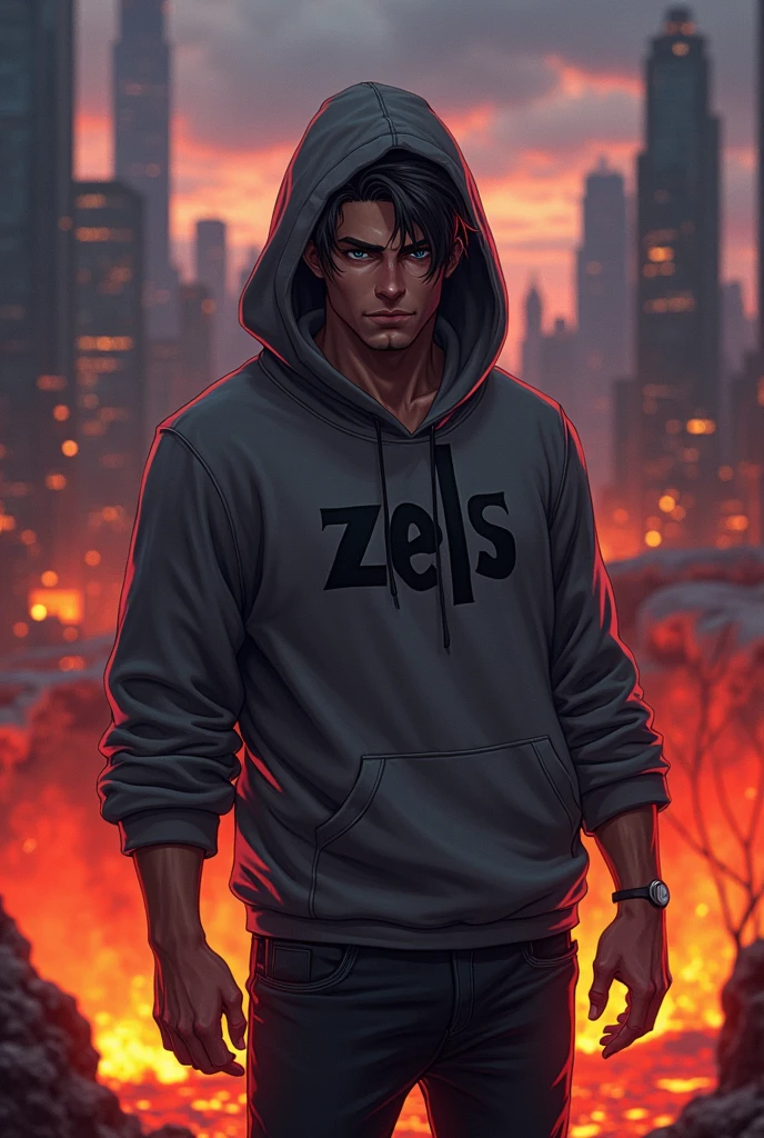 Create anime character;
{background: capital HD text: “GLBK” in center-top, hell magma}, tanned skin,
realistic, Villain, like half-demon, HDR, handsome, japan style, full body, age 20, hoodie HD text: “Zels”, male