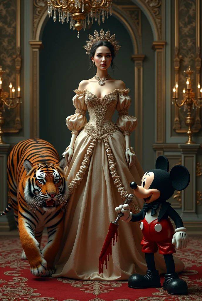 Beautiful woman in baroque dress in a baroque room, In front of her Mickey Mouse smiles and holds a knife with blood, around her a tiger
