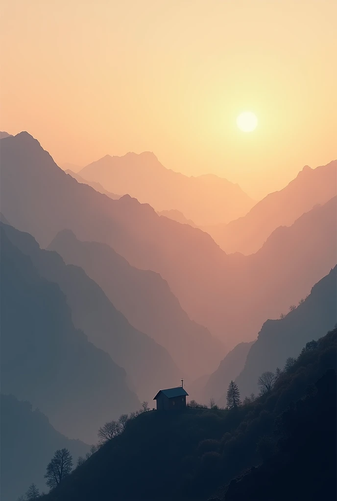 mountain views, susasa sunset, 3 layers of mountains covered in smog, there is 1 small house visible from the top, picture taken from above, realistic