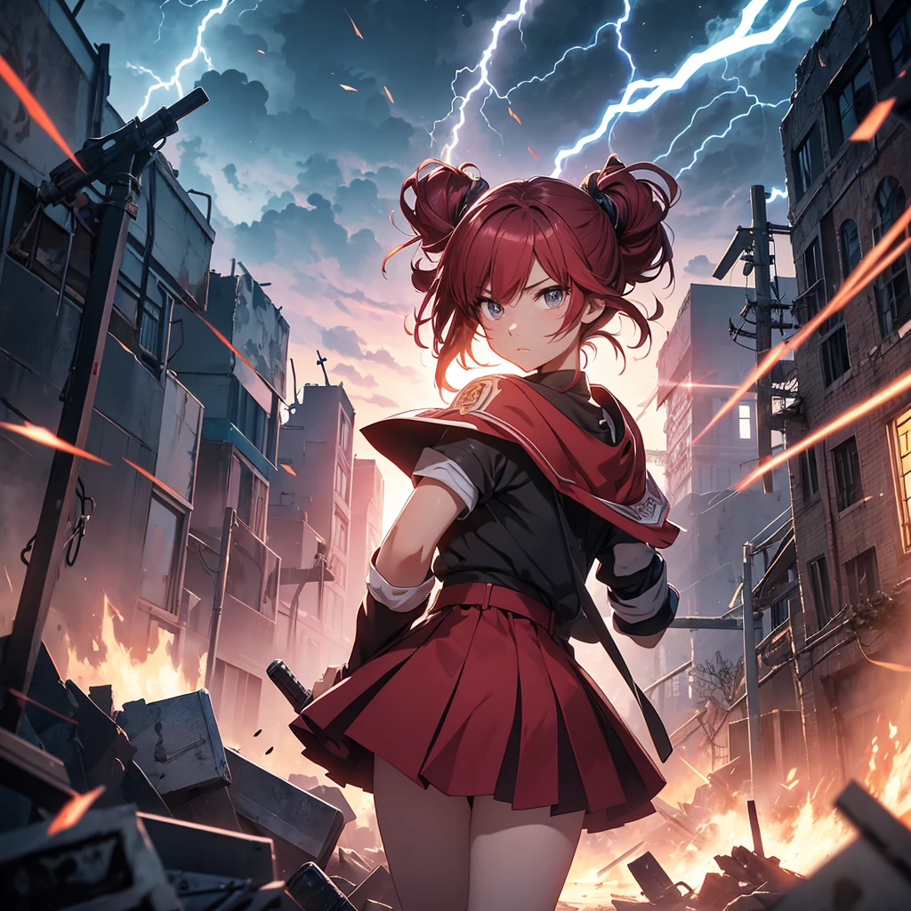 masterpiece、Bold, anime-style illustration、Dense painting、Humorous and crazy。1 high school girl、Cinematic lighting、Clench your fists、A high school girl awakens and stands up strong、Lightning strikes her、The background is a ruined city in the near future.。