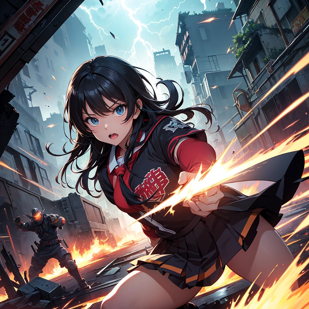 masterpiece、Bold, anime-style illustration、Dense painting、Humorous and crazy。1 high school girl、Cinematic lighting、Clench your fists、A high school girl awakens and stands up strong、Lightning strikes her、The background is a ruined city in the near future.。