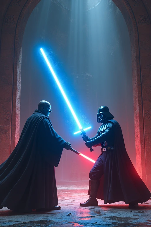 jedi,LIGHT SAVER in his left hand,duel darth vader