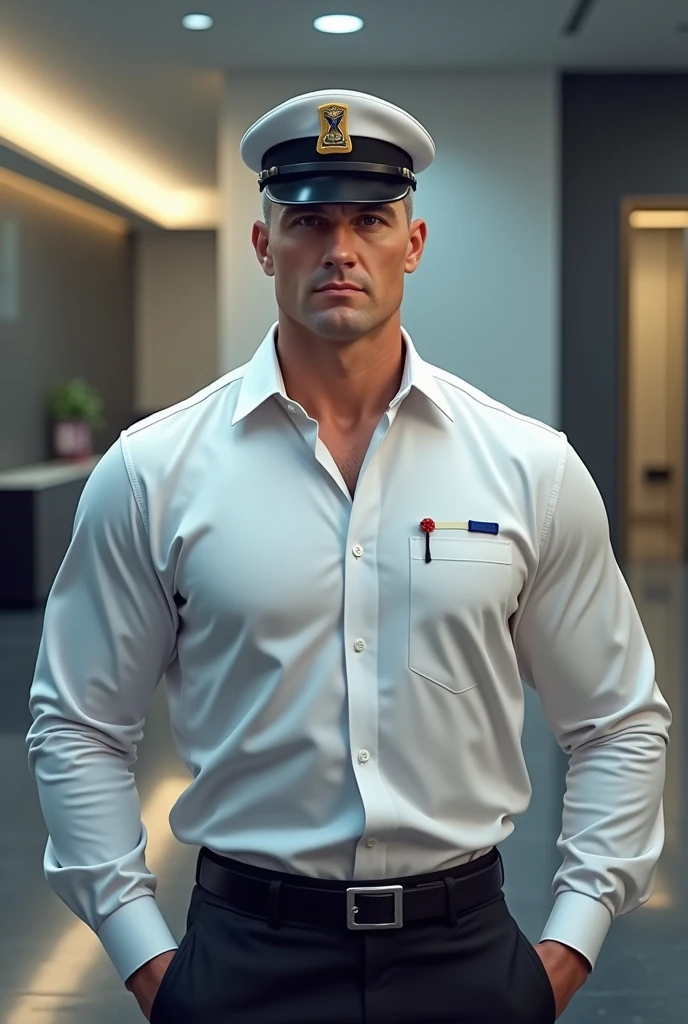 A mascular smart gray hair building security gaurd setting at reception wearing white shirt and hat