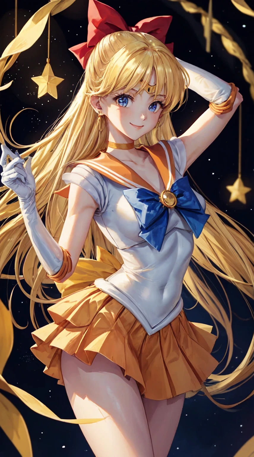 masterpiece, Highest quality, High resolution, Venus 1, One girl, alone, Sailor Warrior Uniform, Sailor Venus, aino minako, Blonde, Magical girl, blue eyes, Orange Skirt, Elbow hand pockets, tiara, Pleated skirt, Hair Ribbon, Orange sailor collar, mini skirt, choker, Red Bow, orange choker, White gloves, Very long hair, jewelry, Earrings, Cowboy Shot, smile,