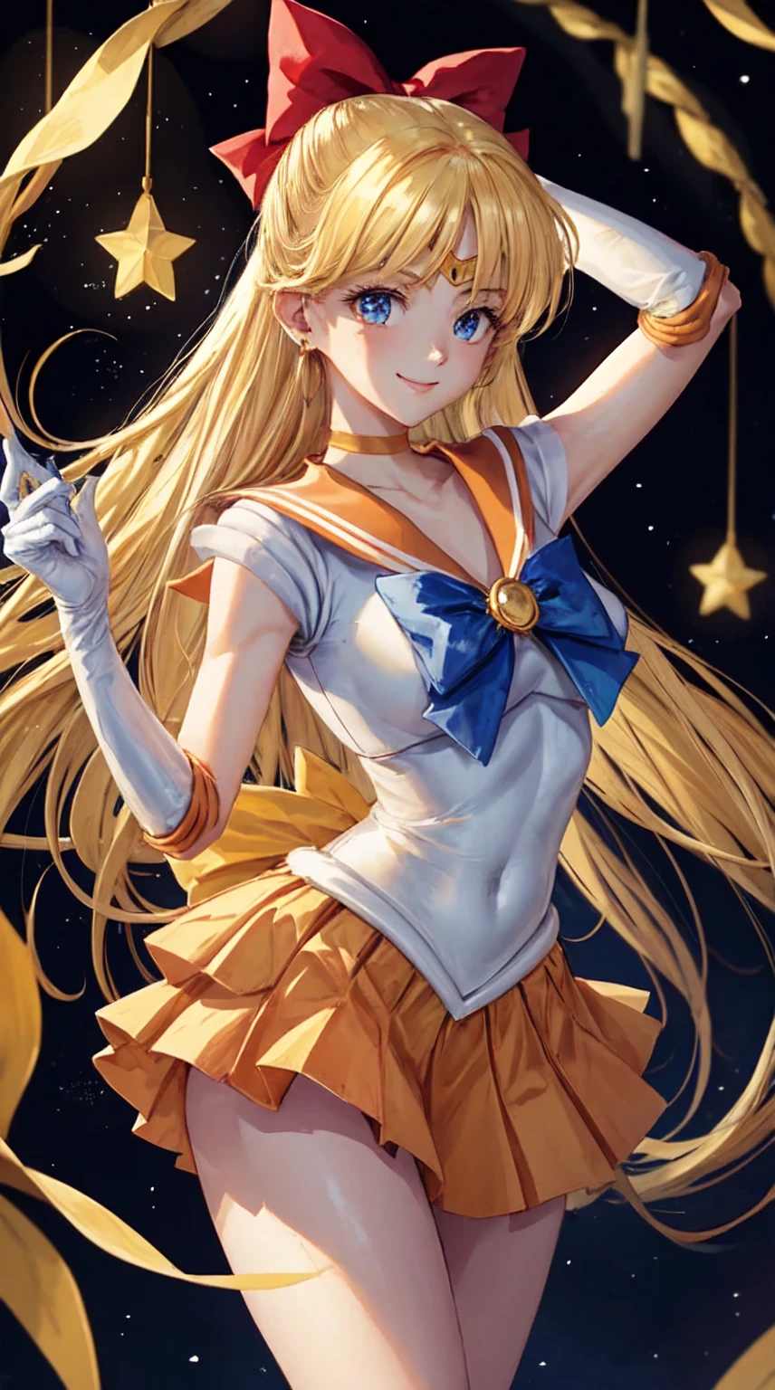 masterpiece, Highest quality, High resolution, Venus 1, One girl, alone, Sailor Warrior Uniform, Sailor Venus, aino minako, Blonde, Magical girl, blue eyes, Orange Skirt, Elbow hand pockets, tiara, Pleated skirt, Hair Ribbon, Orange sailor collar, mini skirt, choker, Red Bow, orange choker, White gloves, Very long hair, jewelry, Earrings, Cowboy Shot, smile,