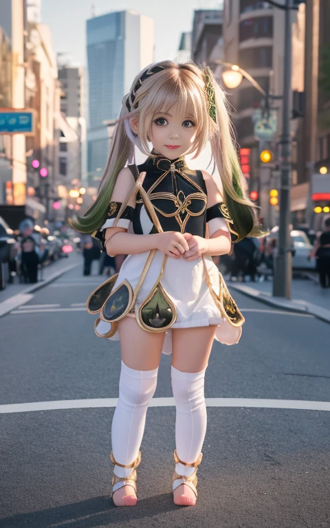 fullcg,Best quality,highest quality, 8k,Soft lighting, Confused, Looking at the audience, alone, smile, Knee socks,Nahida Genshin Impact | Character Lora 1283,((low length:1.5)),((chibi:1.5)),((little child girl)),1girl,difficult,cowboy shot,Beautiful cityscape,(standing:1.6),(Front facing:1.5),pretty made costume,