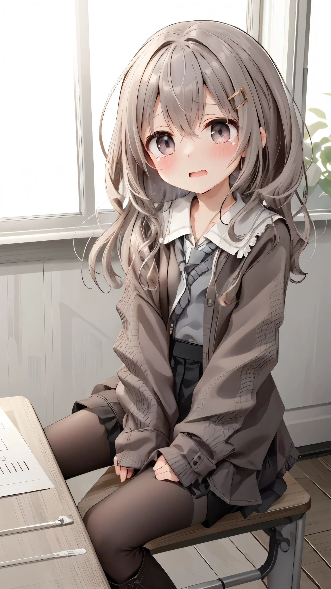 Black lace-up boots，White pantyhose，blush害羞，classroom scene，girl，，((absurd)), ((on the table)), (best quality), (lens flare), (Very detailed), (beautiful), ((cute girl)), Solitary, beautiful face, White skin, on the table, (: 1.3), , 、A girl goes to the toilet、 Everlasting, Crying, Close your eyes, Tears flow from the eyes, The embarrassment comes from, blush), (girl is peeing: 1.2),, Look away, sit, Awkward, blush, Mouth slightly open, classroom (girl leaking urine): 1.5)，whole body（1.3）
