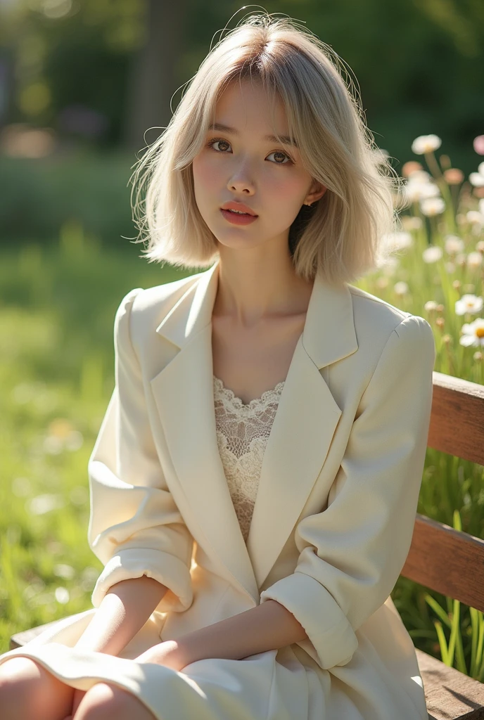 sunny day, Elegant photo of a girl in a blazer dress, (Puffy eyes:1.05), (White lace shirt), Platinum brown hair, (Angled Bob:1.4), Flat bangs, (Flowing Hair), smile, Happy, happiness, Skin with attention to detail, Skin pores, A beautiful innocent symmetrical face, Long eyelashes, Black eyeliner, Light gold eyeshadow,(Sit on a bench), Crossed_feet, Emotional, Wind, garden, wood, Grass, masterpiece, Highest quality, Realistic,