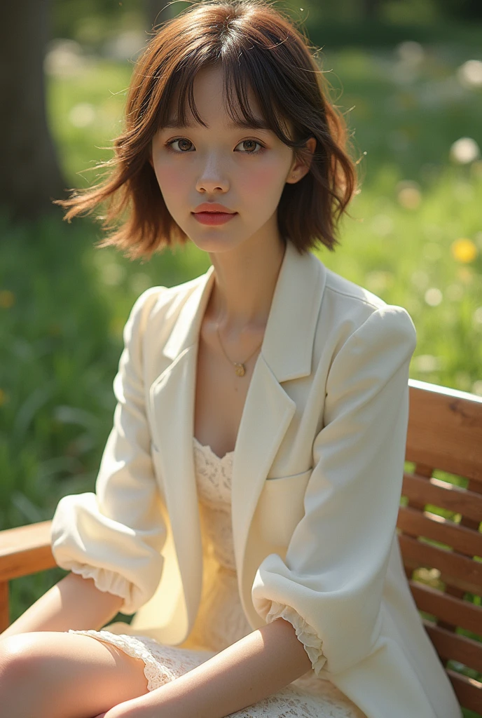 sunny day, Elegant photo of a girl in a blazer dress, (Puffy eyes:1.05), (White lace shirt), Platinum brown hair, (Angled Bob:1.4), Flat bangs, (Flowing Hair), smile, Happy, happiness, Skin with attention to detail, Skin pores, A beautiful innocent symmetrical face, Long eyelashes, Black eyeliner, Light gold eyeshadow,(Sit on a bench), Crossed_feet, Emotional, Wind, garden, wood, Grass, masterpiece, Highest quality, Realistic,