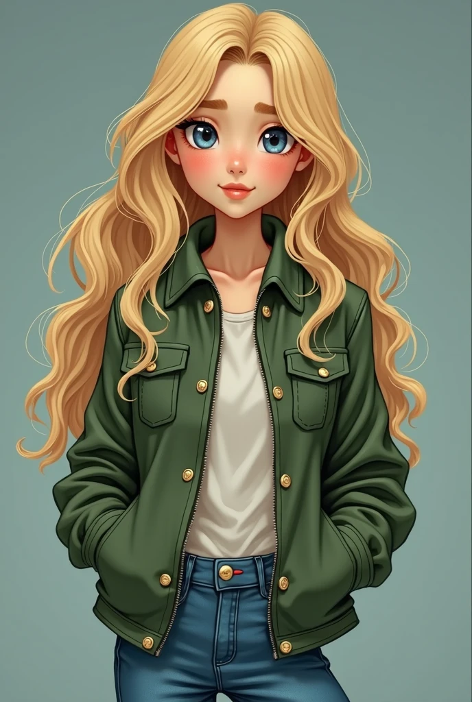 Girl, blonde, long wavy hair, brown eyes, GOOD LOOKS, (((laughing))), blue jacket, blue jeans, bangs pulled back (((white background)))