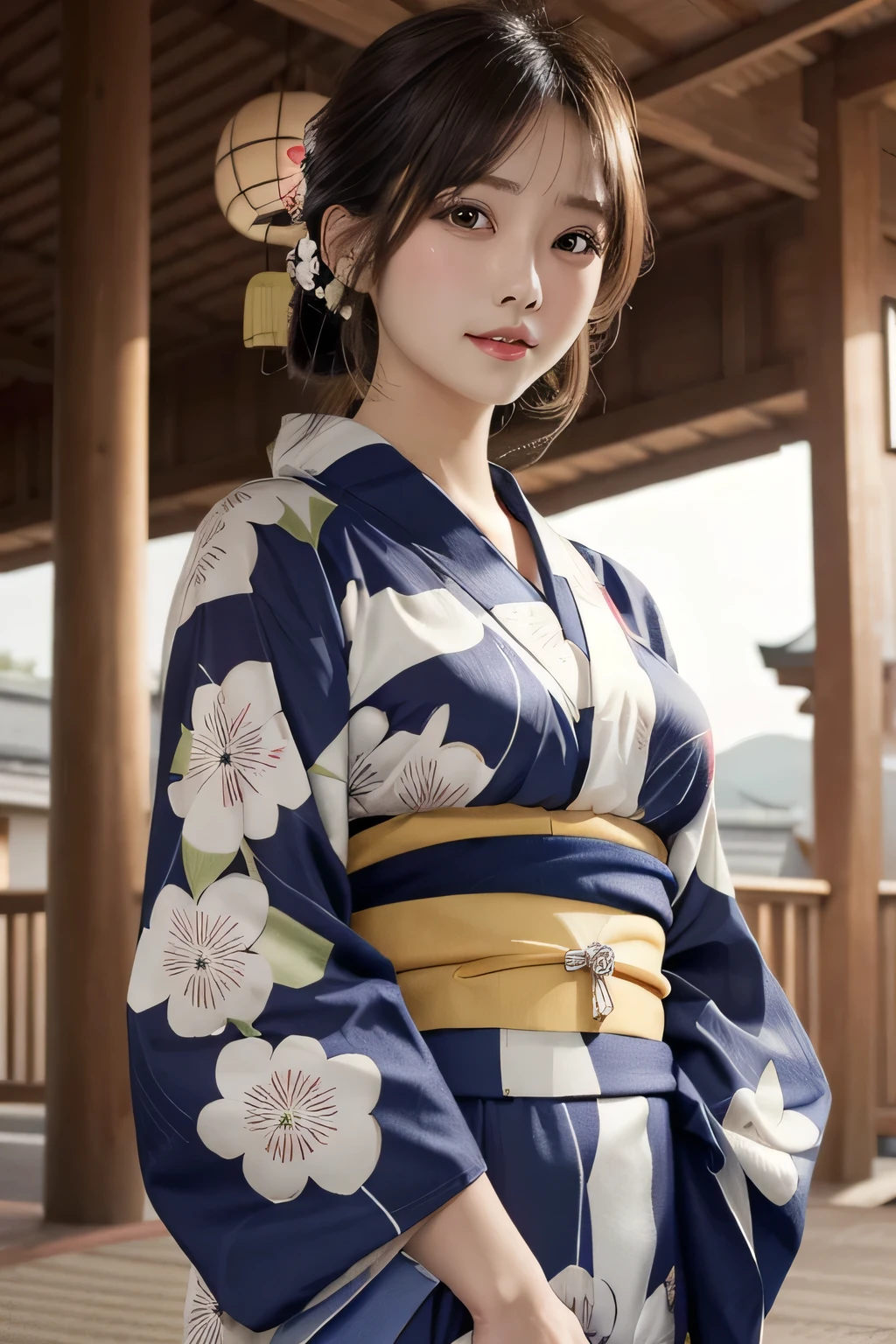 One Girl, 1 person,Highest quality,High resolution,超High resolution,8k,Realistic,Upper Body,encounter_audience,Large Breasts, the body is slim,(Yukata:1.2),
