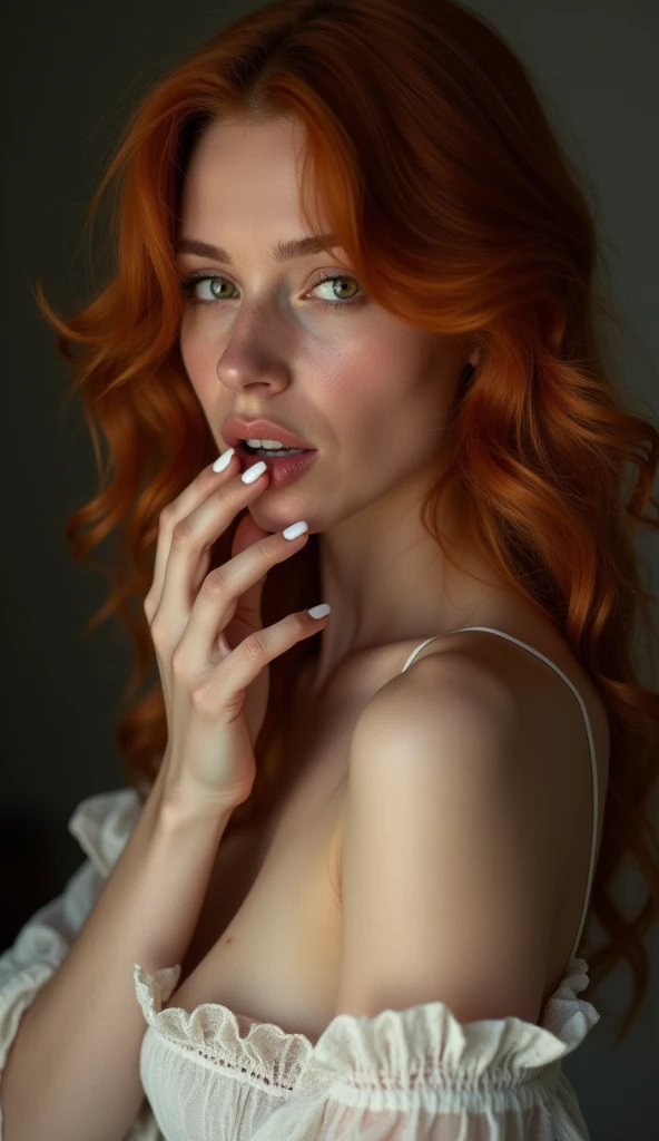 Jeune femme rousse dénudé se donne du plaisir, elle as du verni a ongle blanc, j'aimerai la voir entirement. Elle se mord la langue sensuelement