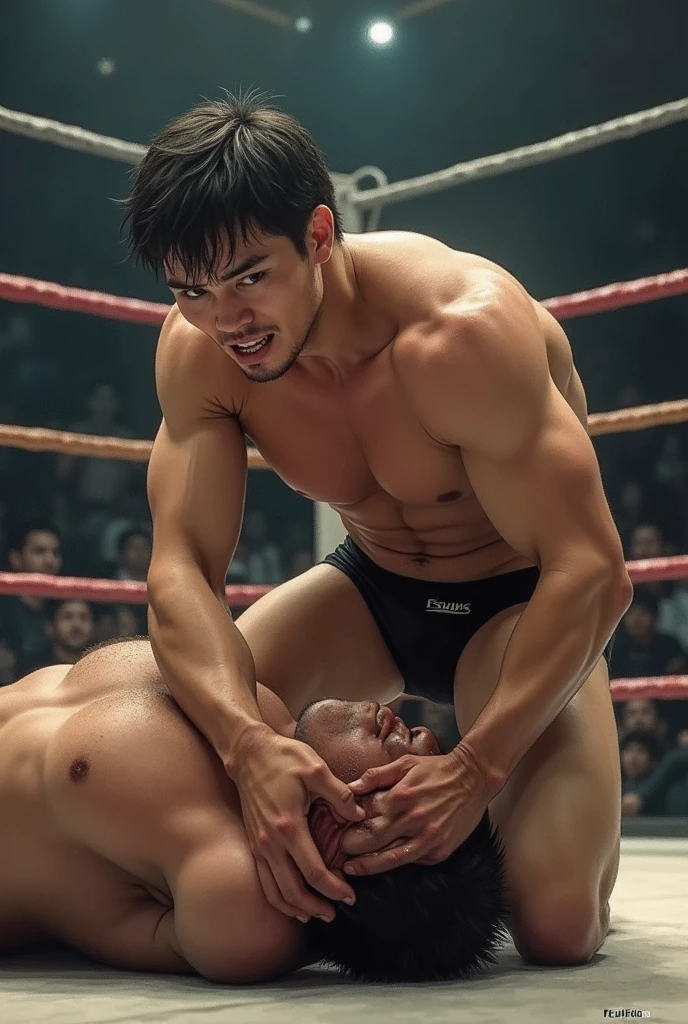 A young Japanese professional wrestler A and a senior Japanese professional wrestler B are in the ring.。They are on the same team。
A is buzzcut and muscular、Wearing short tights。Sweaty。Painful expression。
B is short-haired, muscular, and dark-skinned、Wearing short tights。
A is lying on their back and down。B sits on A's face。
Fujifilm, look up, 