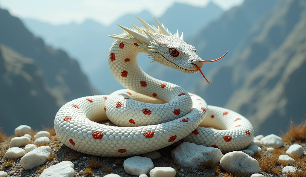 There are many white jade ores on the mountain.，There are also many red and white rings on the body，Pit viper with spikes on its nose（best quality，4K，8k，High level，masterpiece：1.2），Ultra Detailed，（lifelike，Photo real，Photo real：1.37）