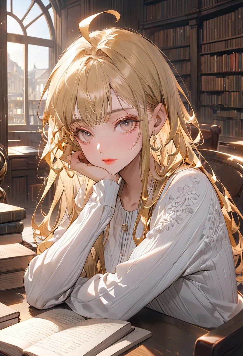 The background is the library(Highest quality,Very detailed,High resolution:1.2),Slim beautiful girl,Sleeping at the desk,Golden Hair,very_Long eyelashes, Detailed lips, Cool look, Soft Skin, Shiny Hair,Exquisite makeup,Face up、Casual clothing、Ahoge