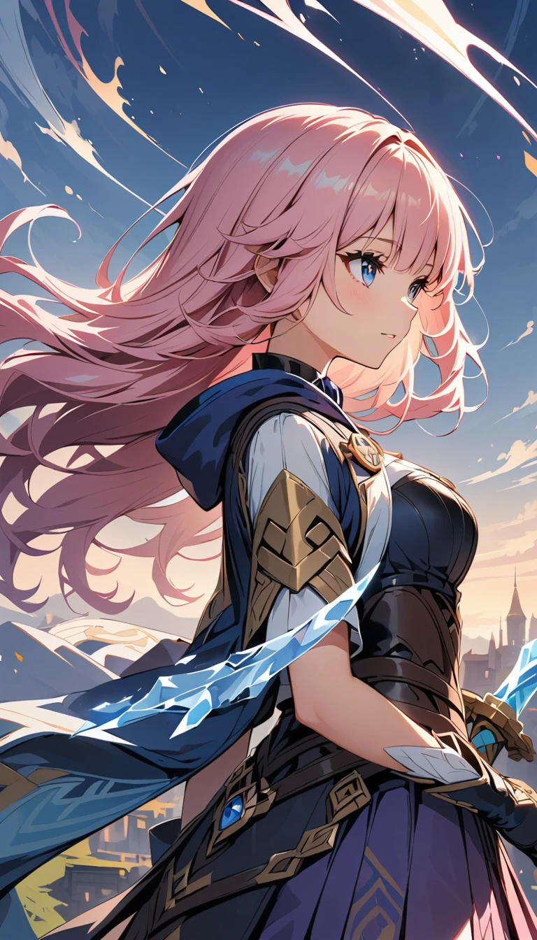 Extreme Detail, perfection, aerial photograph, Like a work of art, Anime girl with ice and snow sword, Her pink hair and long purple skirt complement each other well., Ayaka Genshin gazing into the distance, Leading to the world of Genshin.