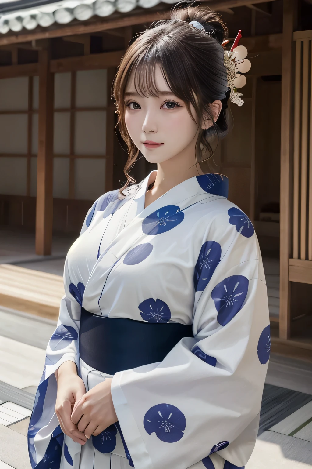One Girl, 1 person,Highest quality,High resolution,超High resolution,8k,Realistic,Upper Body,encounter_audience,Large Breasts, the body is slim,(Yukata:1.2),