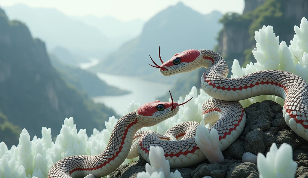 There are many white jades on the mountain，There are also many pit vipers with red and white rings and spikes on their noses.（best quality，4K，8k，High level，masterpiece：1.2），Ultra Detailed，（lifelike，Photo real，Photo real：1.37）