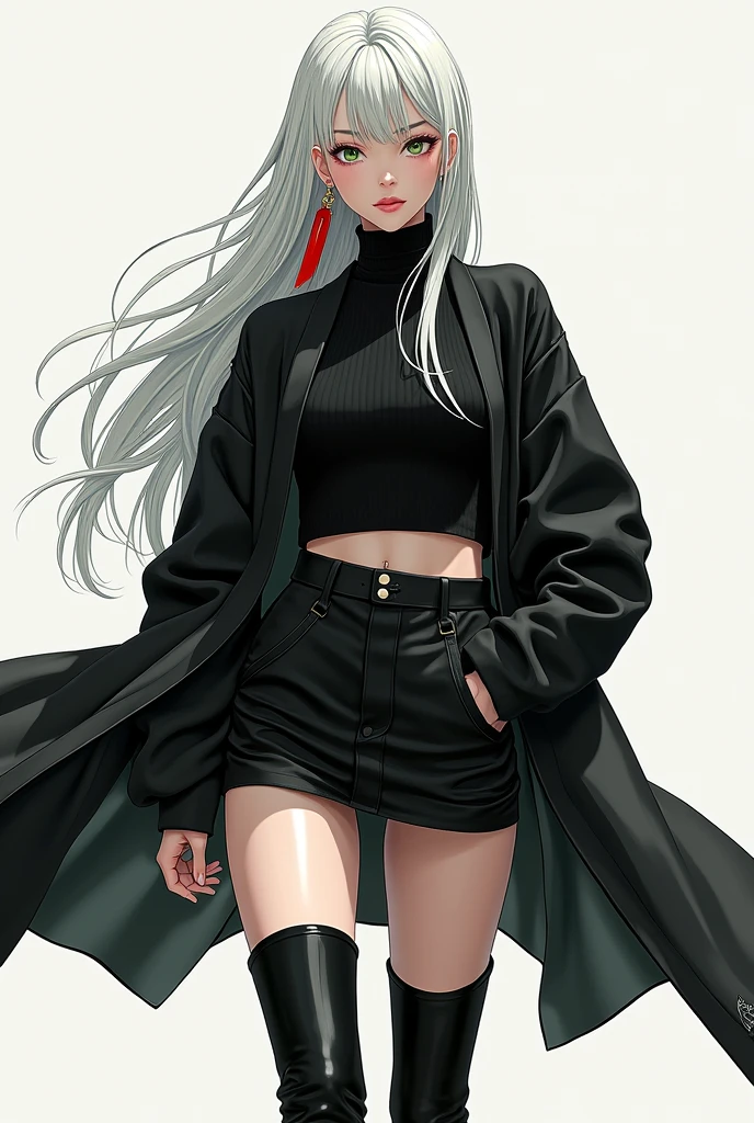Femme mangas 25 ans cheveux blanc  long yeux vert claire pas de cheveux sur le front. Habillé en col roulé noir  jupe short noir botte noire et chaussette haute qui arrivent au dessus du genou noir  avec un kimono ouvert long un look badass avec une seule boucle d'oreille longue et rouge 