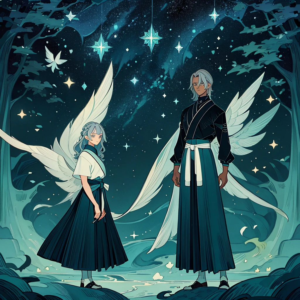 Solo man with black skin, silver hair, short wavy hair. Bright sky blue eyes. Green branches with elongated leaves. black turtleneck sweater, Hakama pants, belt at the waist with bag. a large pair of wings. Dark blue with green sparkles reminiscent of a starry night sky Mystical atmosphere, delicate brushwork, magical scenery, Peaceful and serene. detailed clothing. nature background.