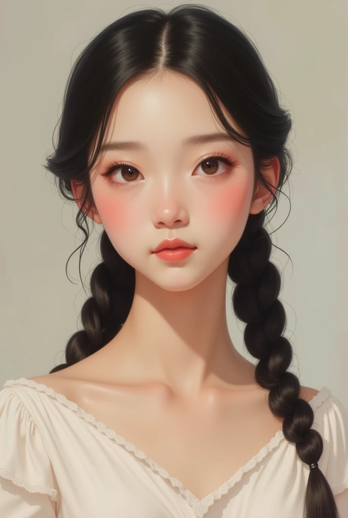 Very real young woman age 19 years with big and wide forehead with mamei blouse and braided hair light skin cream pastel full body image
