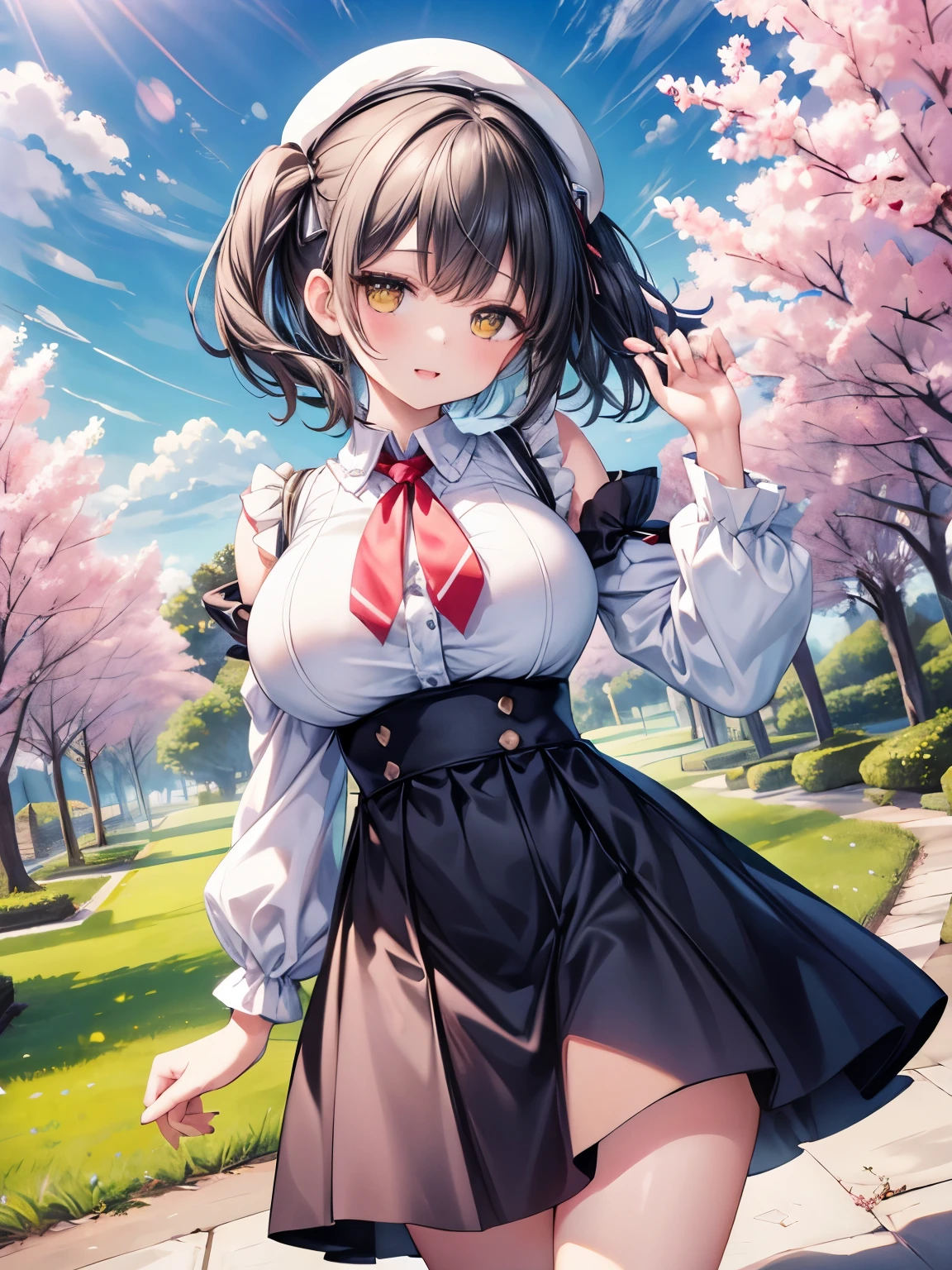 (Highest quality,Ultra-high resolution,Super detailed),(gigantic breasts:1.2),Detailed beautiful eyes,Black Hair,Short Hair,(Two Side Up),(Yellow big eyes),jitome,A very happy smile,Open your mouth wide,View Viewer,BREAK,(White blouse,Juliet Sleeve,Red Ribbon Tie,blue high waist skirt,beret),garden,Grass Square,street tree,blue sky,Pull up your skirt