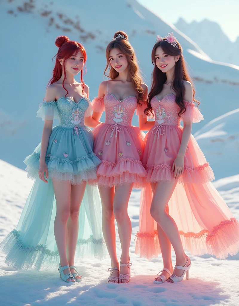 Extremely cute and sweet photo, of three -head body, Group photo, ((colourful, fresh cute))，Three cute and sweet 30 years old woman on peace of ice, first girl has short dark red bun hair, second brunette long hair, third brunette long hair, Model figure cute, long-legged woman, A woman in a luxurious and elaborate colorful fresh lolita dress, wearing yellow wellies shoes long, with hearts and unicorns on, patterned tights, standing on a snowy mountain, with reflective skin and reflective clothing, venus cute body, full body shot, ray tracing, reflection light, chiaroscuro, UHD, masterpiece, anatomically correct, textured skin, super detail, high quality, 4K, higher, girls smiling, have fun