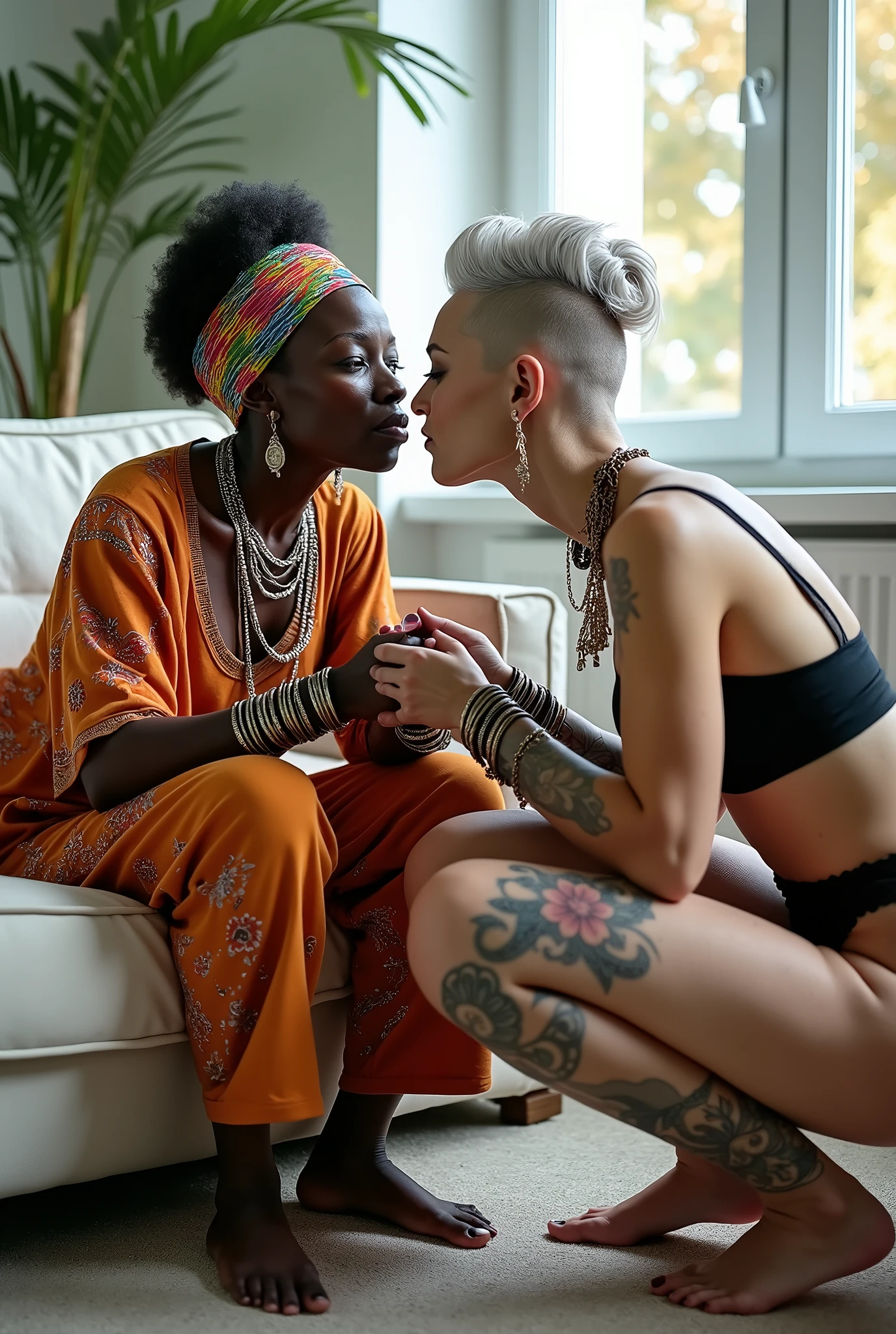 Two women. African old wrinkled milf woman lounging lazily on a sofa with separated legs, afro hairdo, serious face, wearing traditional colourful african clothes, barefoot,. A weak caucasian german milf woman is keeling at her feet, stretching her neck to kiss the hands of the black woman. Caucasian woman: fully tattoed except her face, very thin, light grey hair, light green eyes, pale face, pale neck, pale chest, pale arms, pale hands, pale stomach, pale legs and feet) in chic rock fashion: pompadour hairstyle with top bun and shaved sides, colourful bandana as headboard, a lot of metallic necklaces and pendants, a lot of wide metallic bracelets, black lace push up bra, low rise black lace thong, chains as belts, squatting with arms on knees, passive facial expression with open mouth, arched back humbly, stretching her neck to kiss her girlfriend eagerly, big square sunglasses, thin neck, thin arms, thin legs, well toned abdominals. In an apartment decorated in Scandinavian style. Natural light
