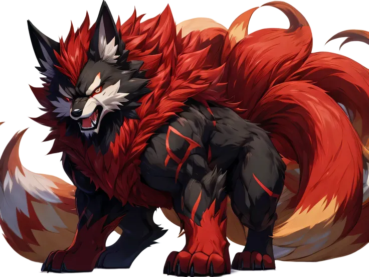 feral Ninetail, Giant Ninetail Monster, 4k, high resolution, best quality, perfect colors,looking at viewer, solo, strong build,strong body, muscular body,thick legs, large paws, anime colors, anime shading,detailed eyes, angry face,roaring, black fur,red mane,long fur,fullbody standing,macro giant, seeing from below, white background