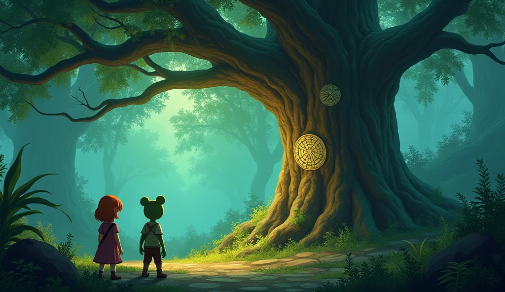 In the forest, a large, ancient tree towers above with its branches reaching up to the sky. Strange symbols are carved into its trunk, and a magical light surrounds the tree. Margo and Froggy stand nearby, looking at it with excitement."