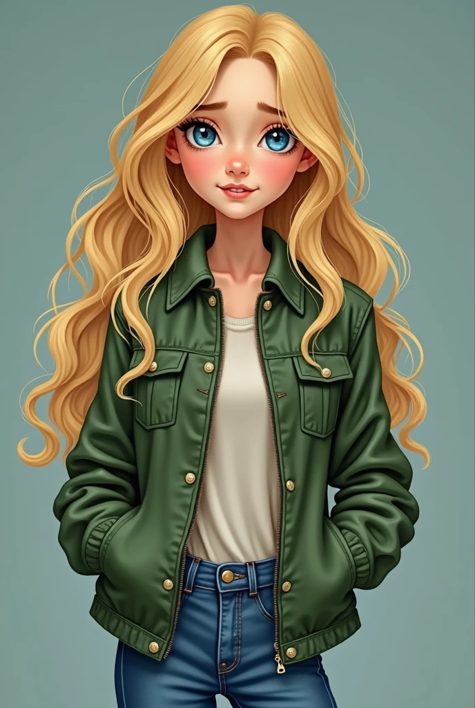 Girl, blonde, long wavy hair, brown eyes, GOOD LOOKS, (((laughing))), blue jacket, blue jeans, bangs pulled back (((white background))), (((white background))),(((white background))), white background
