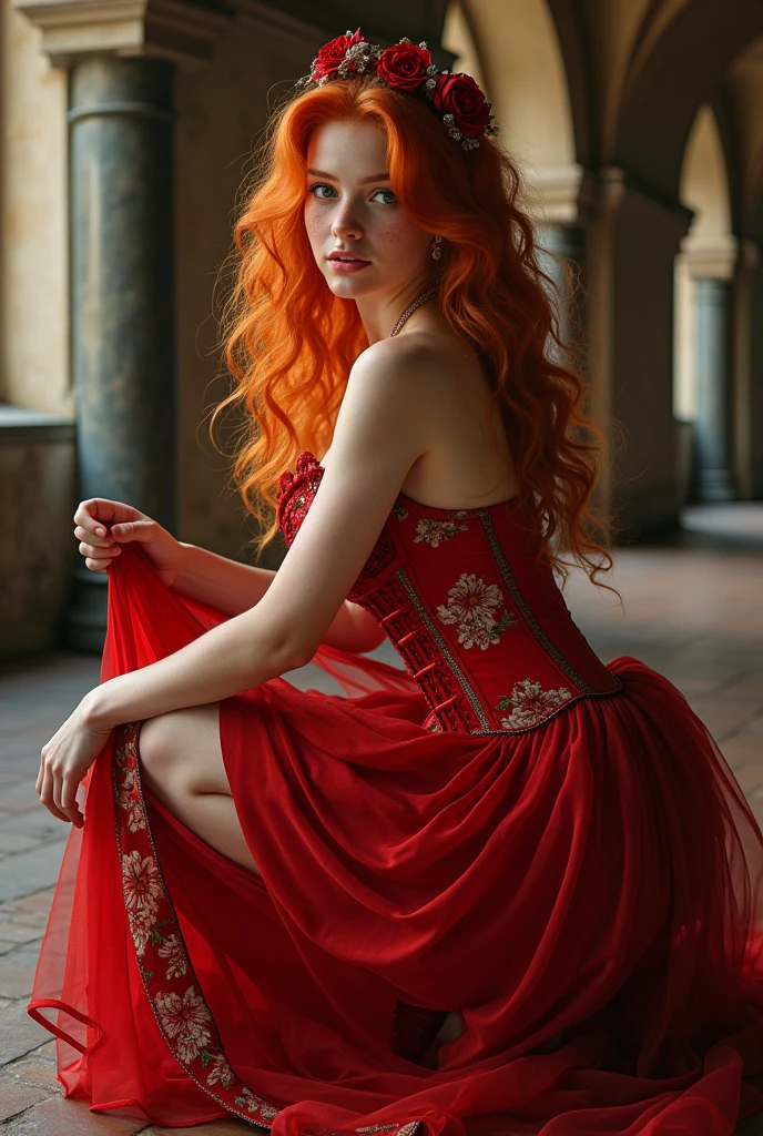 A European girl with vibrant ginger hair and grey eyes, playfully sticking out her long tongue. She wears a stunning red dress adorned with intricate Chinese patterns, featuring a red corset and crinoline. Her long, curly hair cascades volumetrically, while she squats gracefully, holding her skirt. The scene is ultra-realistic, highlighting her long legs and wide hips, complemented by red toe socks, freckles, ((astonishing naked nudist fetish nun)), standing up, elegant, holding a whip, veil, (((undressing))), lifting up gown right enough to expose a little of her lovely crotch, sexy face, sexy, voluptuous, huge heavy enormous gigantic breasts, cute sweet face, climax transport expression, round sexy ass, look at viewer, sexy femdom, sweet lovely candid expression, fetish clothes, light_red leather micro corset, stockings, bottomless, in an ancient castle, large breasts, nice nipples, excited, inviting big promising smile, ginger hair, two braids, hyper detailed realistic scene, closeup shot, dynamic natural pose,