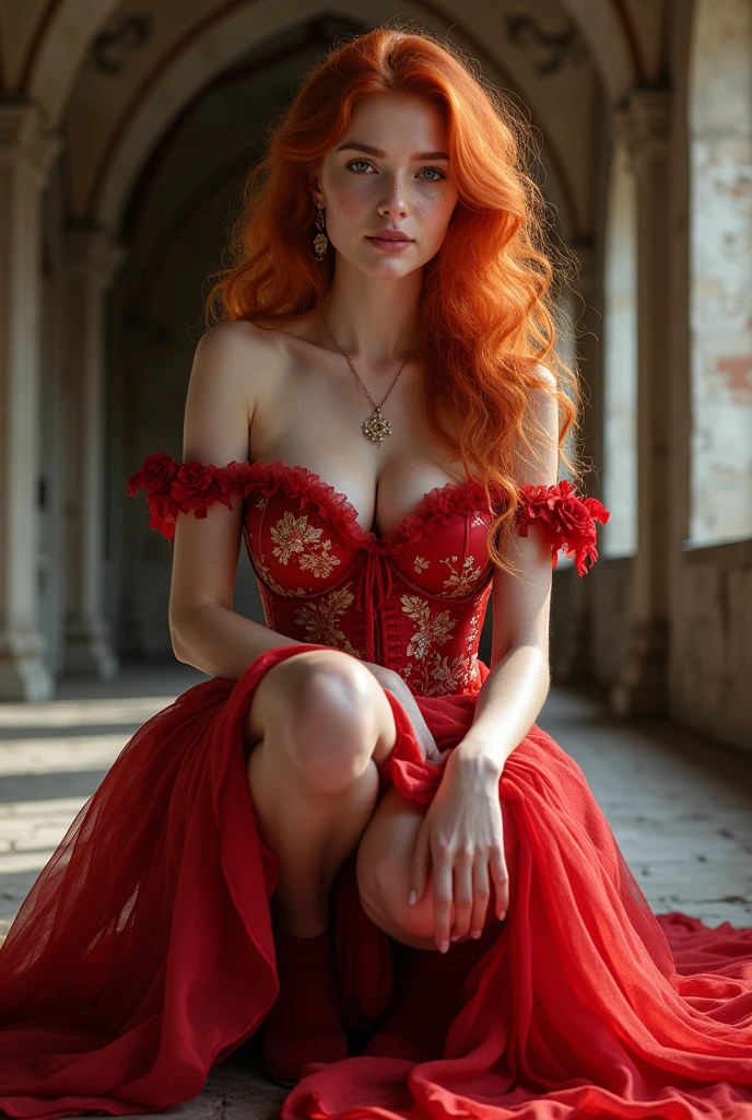 A European girl with vibrant ginger hair and grey eyes, playfully sticking out her long tongue. She wears a stunning red dress adorned with intricate Chinese patterns, featuring a red corset and crinoline. Her long, curly hair cascades volumetrically, while she squats gracefully, holding her skirt. The scene is ultra-realistic, highlighting her long legs and wide hips, complemented by red toe socks, freckles, ((astonishing naked nudist fetish nun)), standing up, elegant, holding a whip, veil, (((undressing))), lifting up gown right enough to expose a little of her lovely crotch, sexy face, sexy, voluptuous, huge heavy enormous gigantic breasts, cute sweet face, climax transport expression, round sexy ass, look at viewer, sexy femdom, sweet lovely candid expression, fetish clothes, light_red leather micro corset, stockings, bottomless, in an ancient castle, large breasts, nice nipples, excited, inviting big promising smile, ginger hair, two braids, hyper detailed realistic scene, closeup shot, dynamic natural pose,