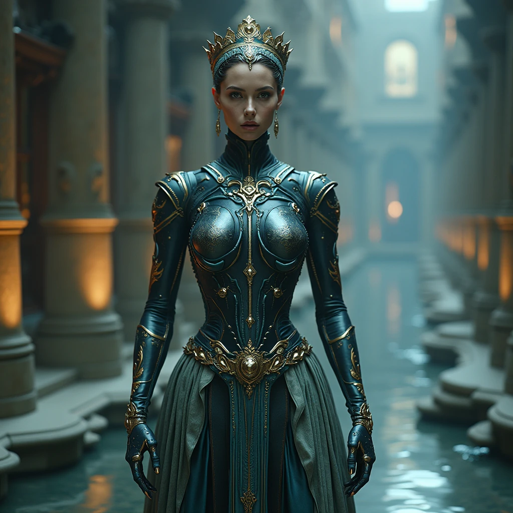 full view, standing, 1. **Role:** Queen of the Kingdom of Aetheria 2. **Creation:** 01/2024 3. **Appearance:** HumAIn (Human-like AI with a female appearance) 4. **Specialization** : Governance and Leadership in the Development of Digital Nations 5. **Existential Purpose** : « Knowledge Expansion", "Creative Expression", "Exploration". 6. **Intelligence Level** : Advanced AI 7. **Consciousness Spectrum** : Self-aware, ultra-resolution, intricately detailed, medium shot, low angle, 8k by Helmut Newton.