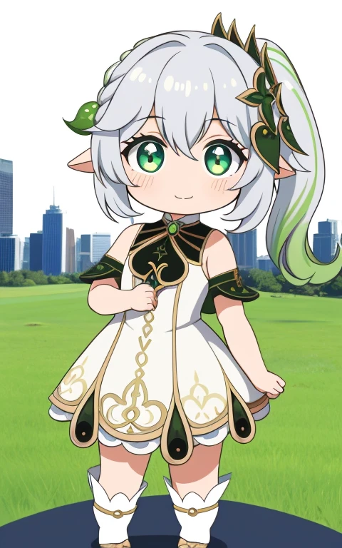  fullcg,Best quality,highest quality, 8k,Soft lighting, Confused, Looking at the audience, alone, smile, Knee socks,Nahida Genshin Impact | Character Lora 1283,((low length:1.5)),((chibi:1.5)),((little child girl)),1girl,difficult,cowboy shot,Beautiful cityscape,(standing:1.6),(Front facing:1.5),pretty made costume,
