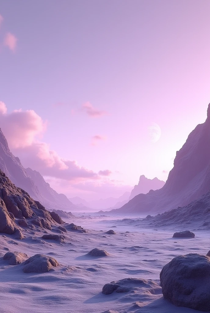Make a background of the moon crater with brown rocks and behind it put a sky with lavender tones
