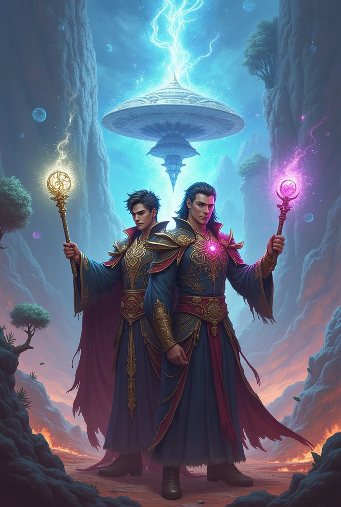 Male characters in a fantasy world, magic world, attractive colors, magic wands in the hands of male characters.