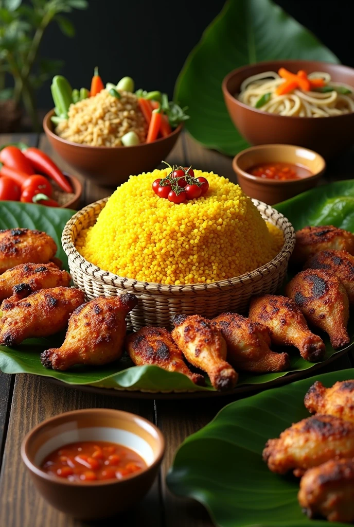 Create an ultra-realistic food showcase with a traditional Indonesian theme. The setting features a large tampah (traditional bamboo tray) filled with fragrant yellow rice (nasi kuning) in the center, surrounded by perfectly grilled chicken (ayam bakar) and fried chicken pieces similar to KFC style, all arranged in a decorative manner. To the side, there is a bowl of Indonesian-style stir-fried noodles (mie goreng), beautifully garnished with vegetables. Each dish is placed on banana leaves for an authentic presentation. Make sure the chicken pieces look natural, realistic, and similar to actual chicken parts. Accompany the dishes with small bowls of spicy sambal sauce for dipping. The scene should be beautifully lit, highlighting the textures and colors of the food, making it look mouth-wateringly delicious.