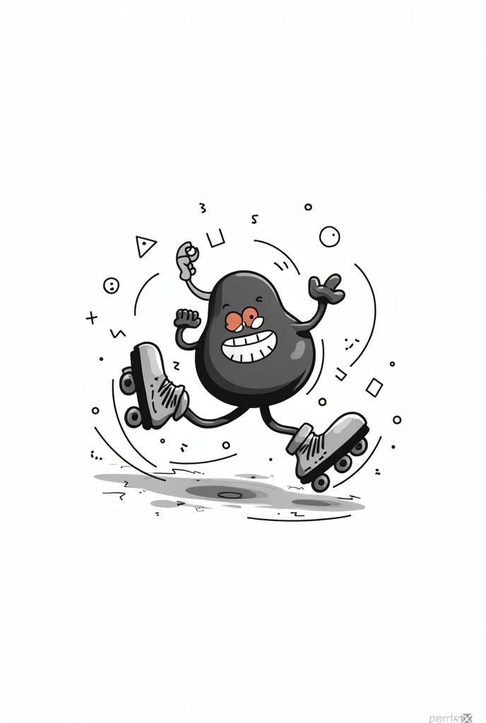 A black and white cartoon roller skater