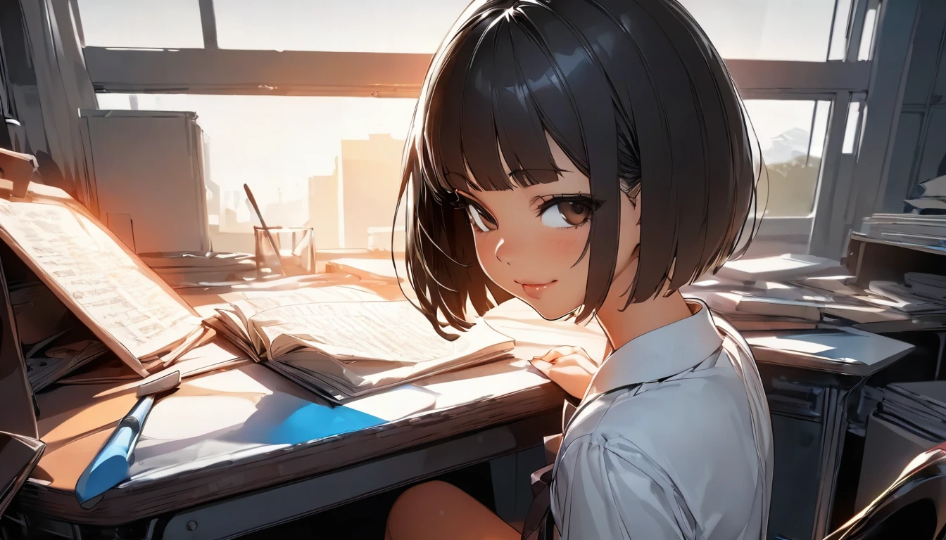 ((highest quality:1.2, Very detailed, up to date, Vibrant, Ultra-high resolution, High Contrast, masterpiece:1.2, highest quality, Best aesthetics), (wide shot:1.5), Portraiture、girl、solo, (-yeld:1),im, brown eye, Bright colors、Beautiful fine details、Beautiful lip detail、extra short hair, ((bob cut:1.5))、black hair, (highlights hair: 1.6), (medium breast:0.7), (tan skin:0.5), glasses, school uniform, studyind, sitting at the study desk, bright her room, look at viewer:1, side view, smile, lineart, monochrome, clean line drawings,