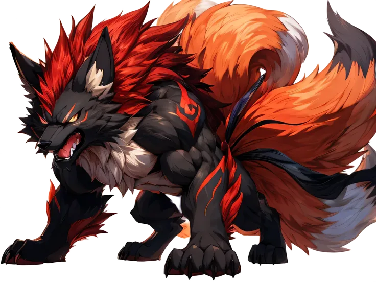 feral Ninetail, Giant Ninetail Monster, 4k, high resolution, best quality, perfect colors,looking at viewer, solo, strong build,strong body, muscular body,thick legs, large paws, anime colors, anime shading,detailed eyes, angry face,roaring, black fur,red mane,long fur,fullbody standing,macro giant, seeing from below, white background