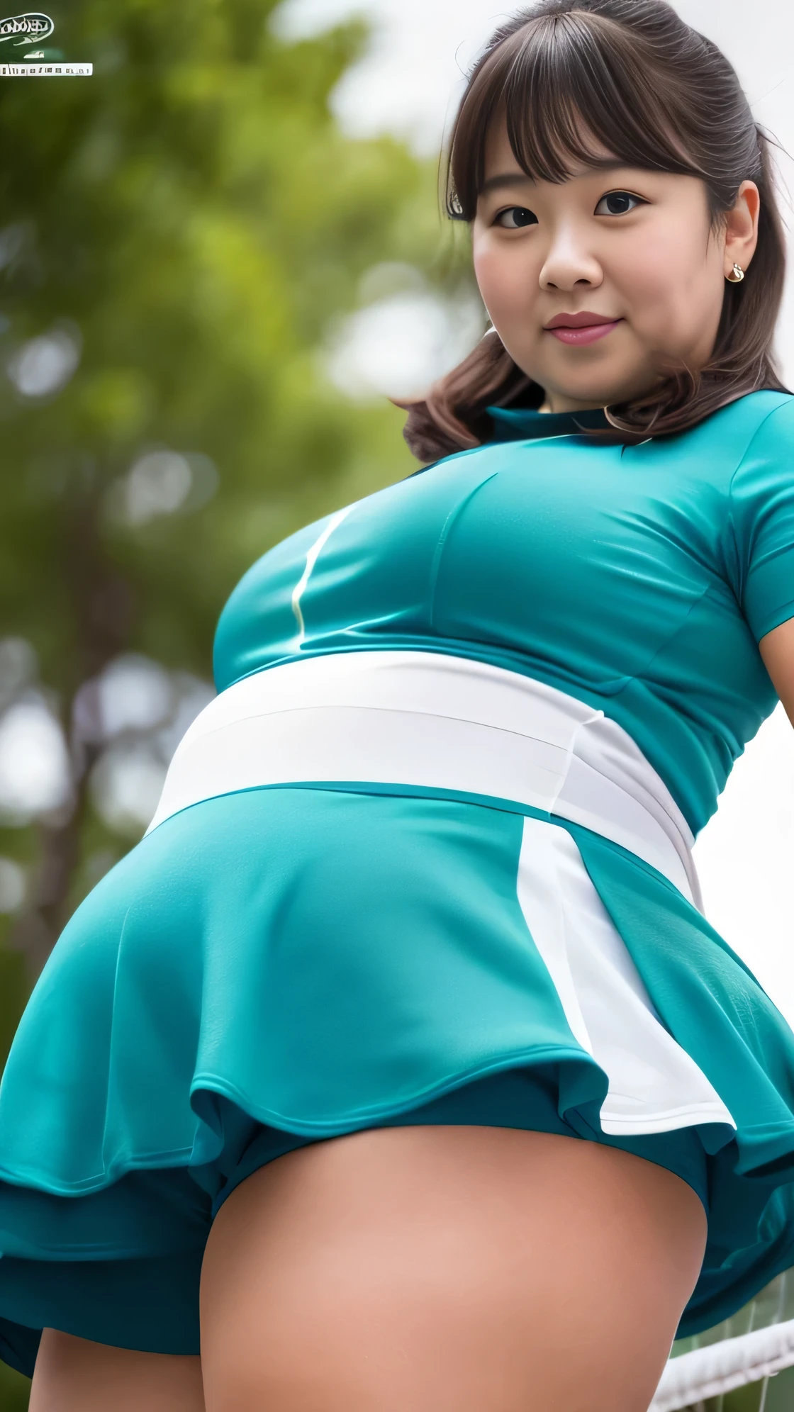 ((8k)), High resolution, masterpiece, highest quality, ((Chubby woman)), Japanese, Double chin, Overweight, Very fat, ((chubby)), tennis wear,, (from below:2)